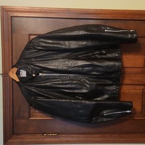 Men's Black Leather Motorcycle Jacket, Size 44
